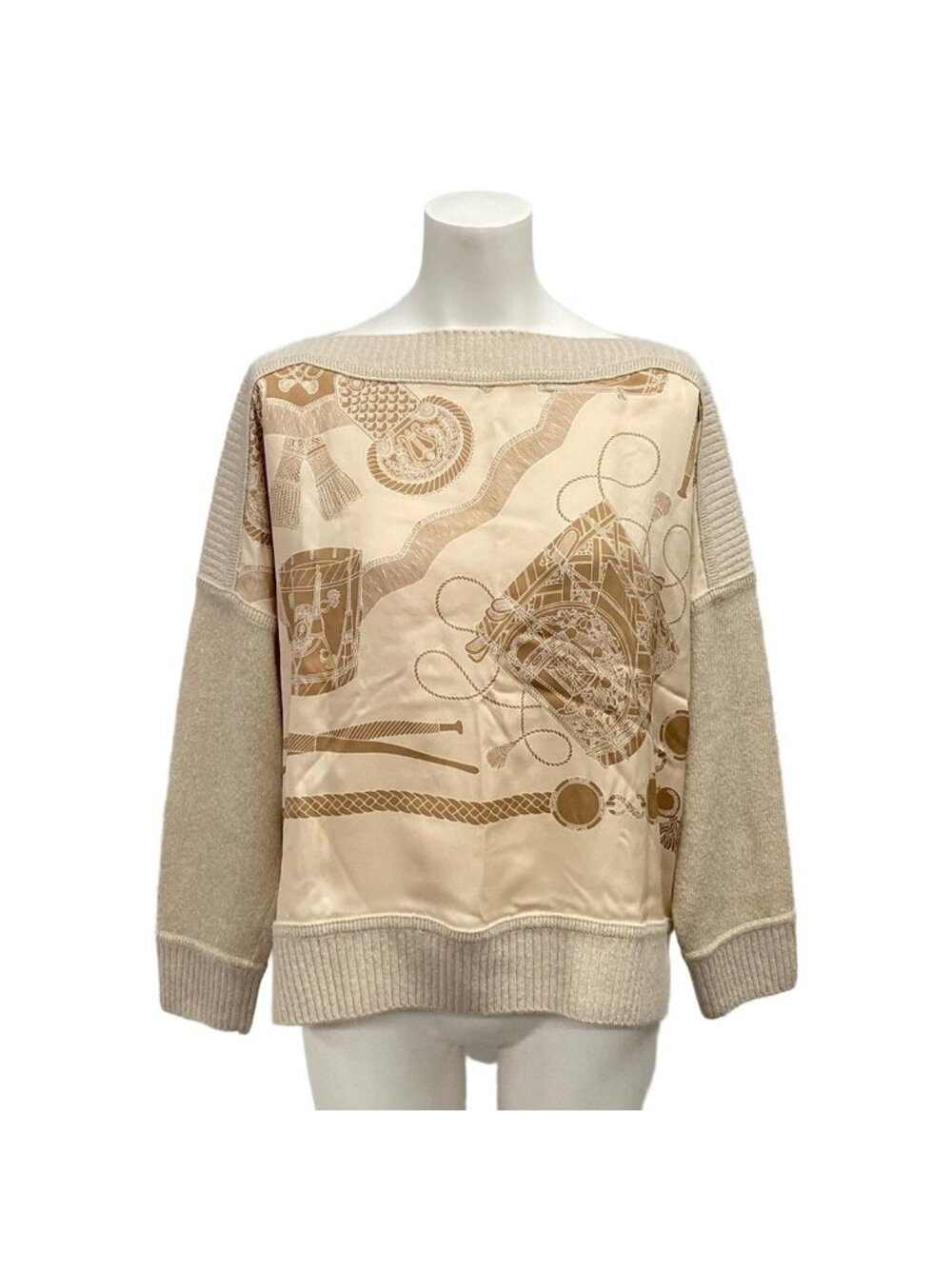Hermes Sweater Beige Boat Neck Three-Quarter Sleeve Cashmere 38